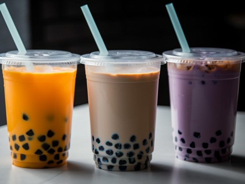 Taro Milk Tea with a purple swirl and boba pearls at the bottom Taro Milk Tea with a purple swirl and boba pearls at the bottom