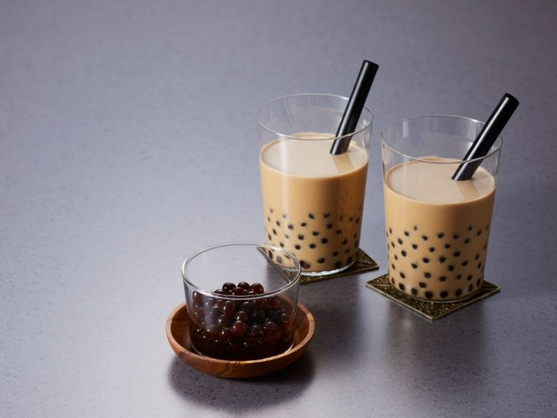 Brown Sugar Boba Milk with caramel stripes and fresh tapioca pearls Brown Sugar Boba Milk with caramel stripes and fresh tapioca pearls